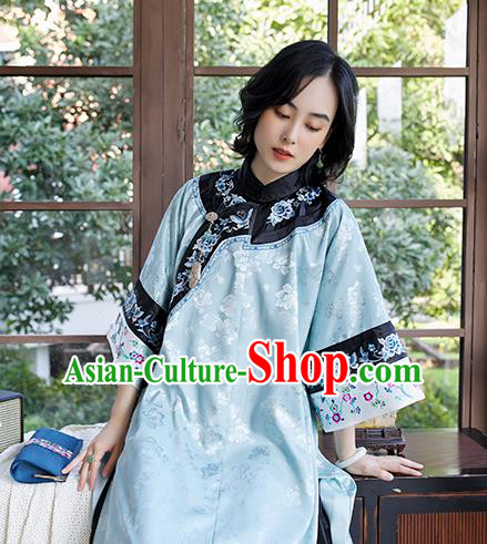 Traditional Qing Dynasty Embroidered Cheongsam Republic of China National Clothing Light Blue Silk Qipao Dress for Women