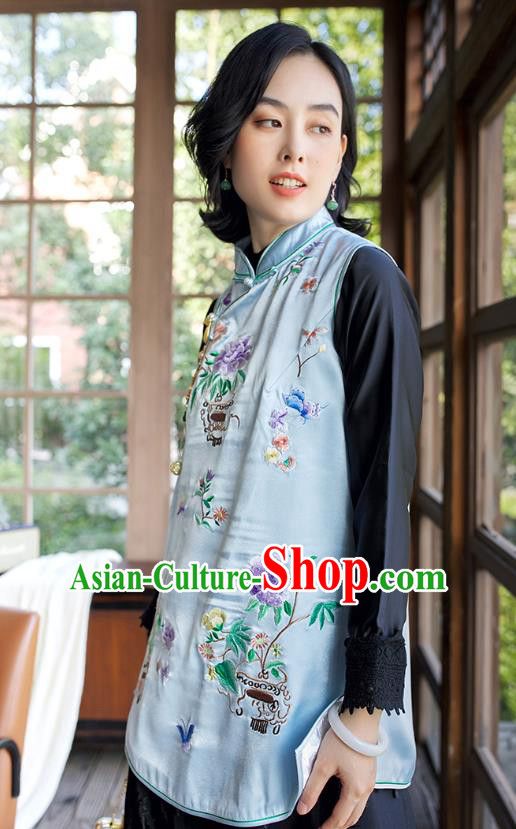 Traditional Embroidered Cheongsam Vest China National Clothing Light Blue Satin Waistcoat for Women