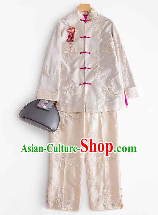 Chinese Embroidered Coat Embroidery Peony Beige Silk Jacket Traditional National Clothing Women Outer Garment