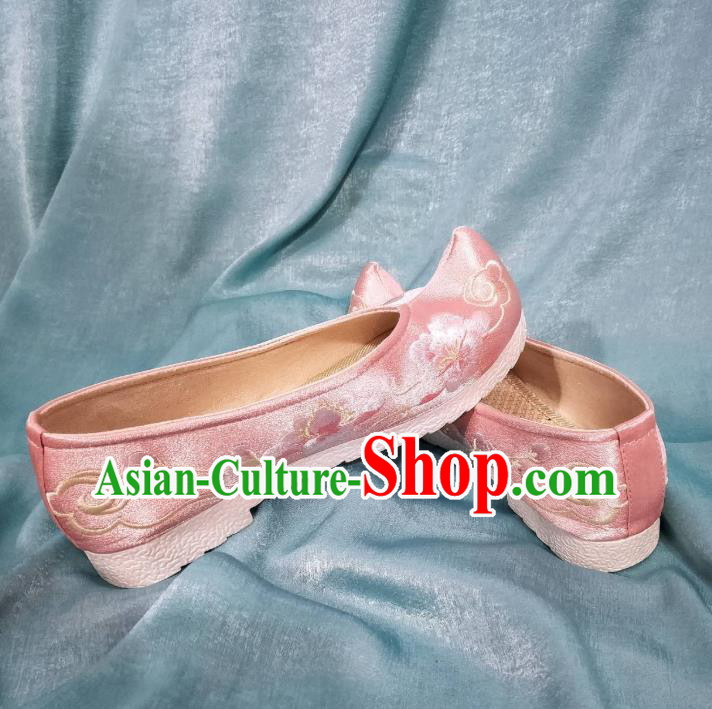 China Ancient Princess Embroidery Pink Satin Shoes Handmade Traditional Exquisite Embroidered Shoes Hanfu Shoes