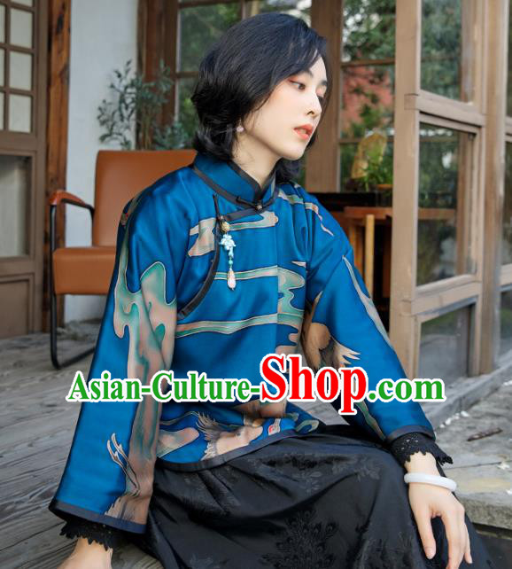 Chinese Deep Blue Cotton Padded Coat National Clothing Traditional Outer Garment Women Silk Jacket