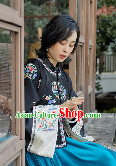 Chinese National Clothing Traditional Ancient Court Women Outer Garment Qing Dynasty Black Silk Blouse