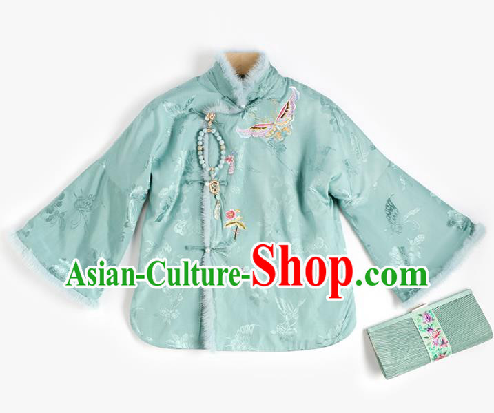 Chinese Embroidered Green Cotton Padded Jacket National Clothing Traditional Women Outer Garment