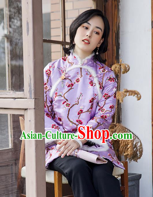 Chinese Traditional Costume Embroidered Plum Blossom Lilac Cotton Padded Jacket National Clothing Women Silk Outer Garment