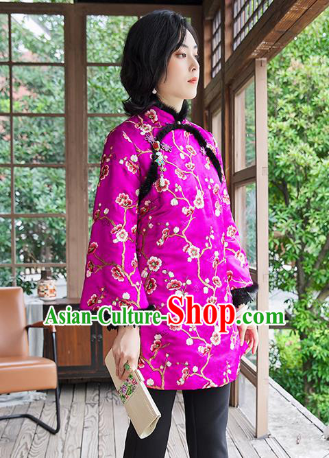 Chinese National Women Silk Outer Garment Traditional Costume Embroidered Plum Blossom Purple Cotton Padded Jacket