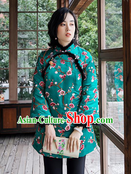 Chinese Embroidered Plum Blossom Green Cotton Padded Jacket National Women Silk Outer Garment Traditional Costume