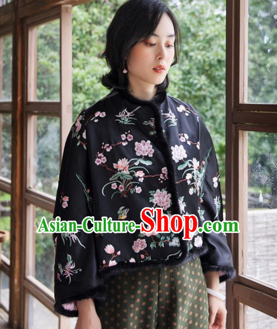 Chinese Tang Suit Embroidered Orchid Black Cotton Padded Jacket Women Outer Garment Traditional National Costume