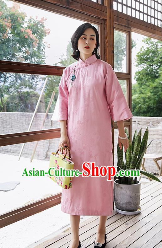 China Traditional Women Pink Cheongsam National Clothing Classical Winter Cotton Padded Qipao Dress