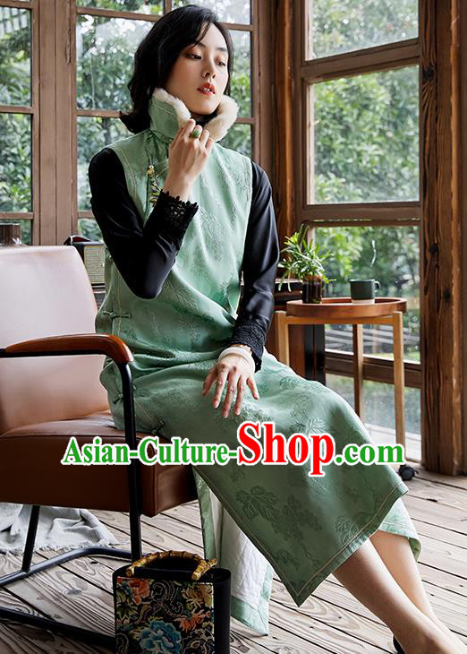 China Traditional Women Green Satin Cheongsam National Clothing Classical Cotton Padded Long Qipao Dress