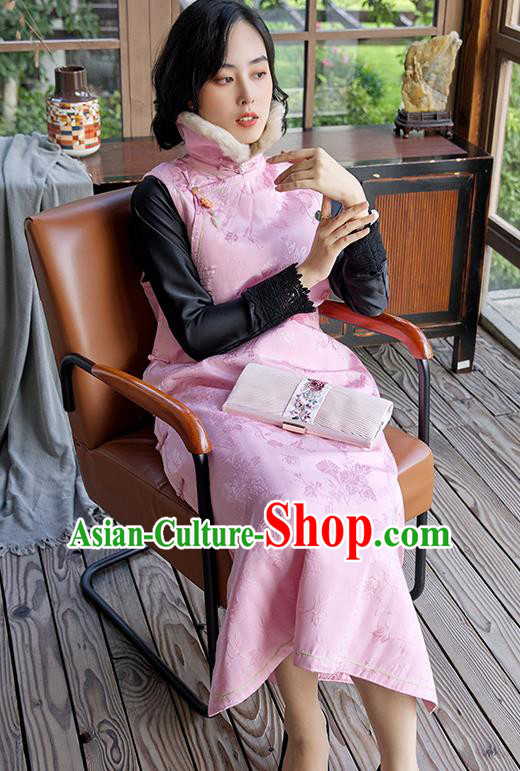 China Classical Cotton Padded Long Qipao Dress Traditional Women Pink Satin Cheongsam National Clothing