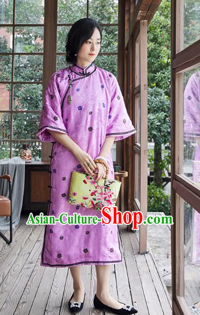 Republic of China Lilac Silk Qipao Dress Traditional National Clothing Women Classical Cheongsam