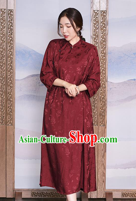 Women Classical Cheongsam Republic of China Wine Red Qipao Dress Traditional National Clothing