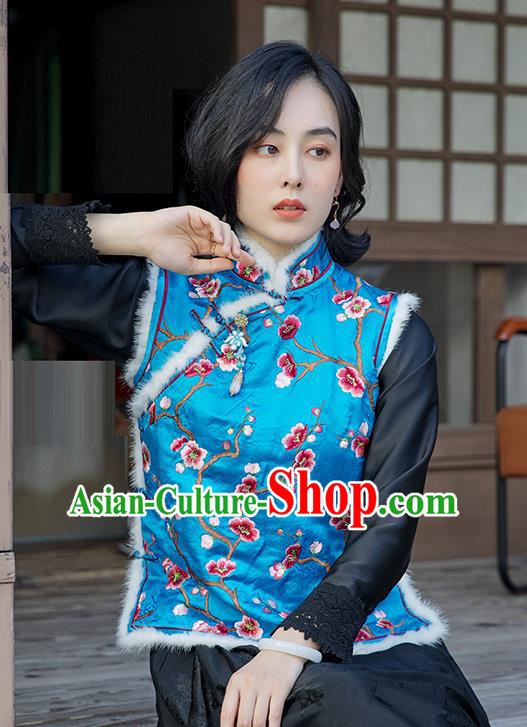 China Traditional Embroidered Plum Blue Vest Women Qipao Upper Outer Garment National Clothing Classical Cheongsam Silk Waistcoat