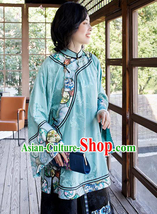 Chinese Tang Suit Embroidered Blue Blouse Qing Dynasty Women Outer Garment Traditional Court Costume