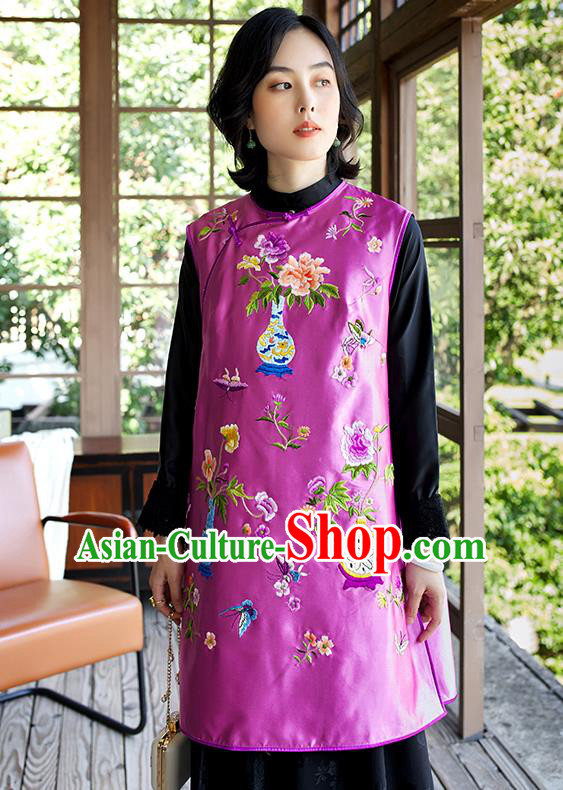 China Traditional Clothing Embroidered Purple Silk Qipao Vest Women National Classical Cheongsam Waistcoat