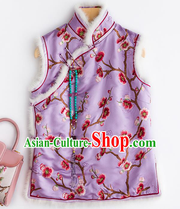 China National Clothing Traditional Women Upper Outer Garment Classical Embroidered Plum Lilac Silk Vest