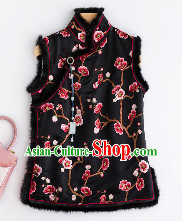 China Classical Embroidered Plum Black Silk Vest National Clothing Traditional Women Upper Outer Garment