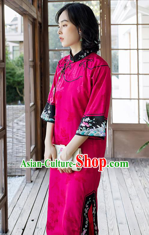 China Embroidered Magenta Silk Qipao Women Classical Long Cheongsam Traditional Dress Clothing