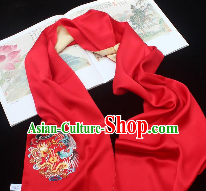 China Handmade Red Silk Scarf Traditional Cheongsam Embroidered Phoenix Tippet