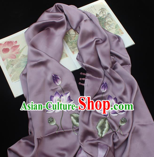 China Traditional Cheongsam Accessories Handmade Purple Silk Scarf Embroidered Lotus Tippet