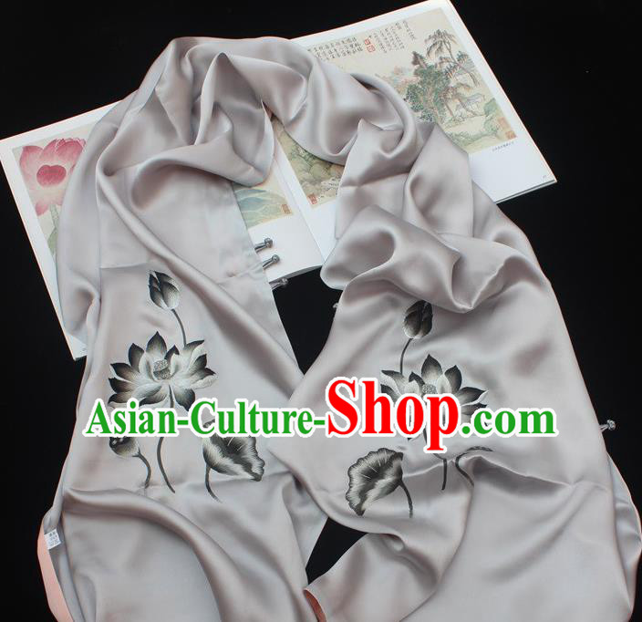 China Handmade Suzhou Embroidery Grey Silk Scarf Embroidered Lotus Tippet Traditional Cheongsam Accessories