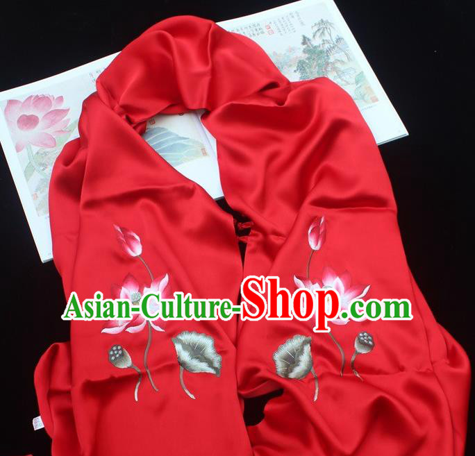 China Traditional Cheongsam Accessories Handmade Suzhou Embroidery Red Silk Scarf Embroidered Lotus Tippet