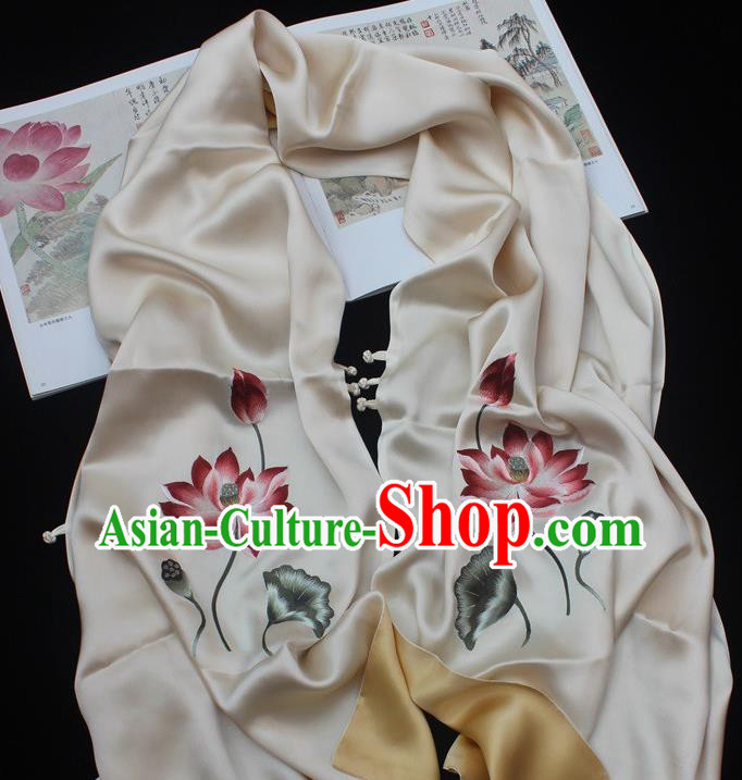 China Embroidered Lotus Beige Silk Tippet Traditional Cheongsam Accessories Handmade Suzhou Embroidery Scarf