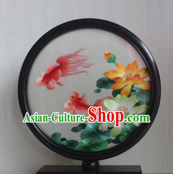 China Rosewood Table Decoration Traditional Embroidery Lotus Goldfish Round Desk Screen Handmade Craft