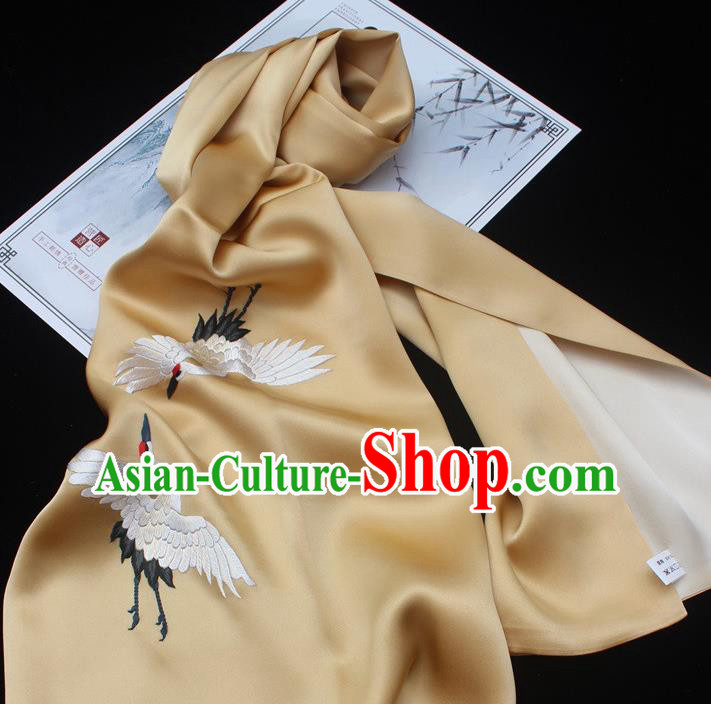 China Silk Tippet Cheongsam Embroidered Accessories Traditional Handmade Suzhou Embroidery Crane Yellow Scarf