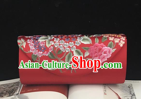 China Traditional Cheongsam Rust Red Silk Handbag Handmade Suzhou Embroidery Hydrangea Clutch Bag Embroidered Accessories