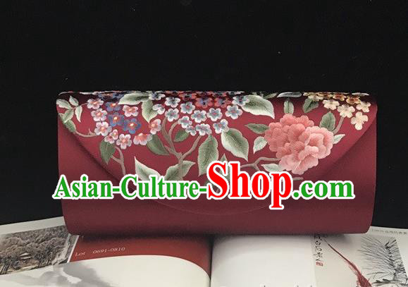 China Cheongsam Purplish Red Silk Handbag Handmade Traditional Suzhou Embroidery Hydrangea Clutch Bag Accessories