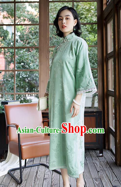 China Women Classical Dress Clothing Wide Sleeve Cheongsam Traditional Embroidered Light Green Qipao