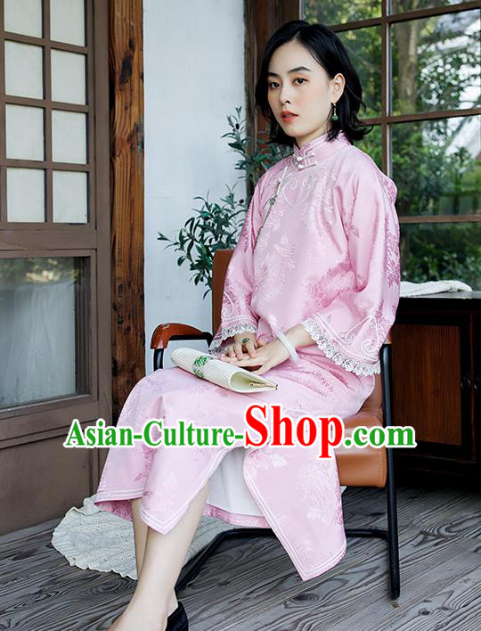 China Women Clothing Wide Sleeve Cheongsam Traditional Embroidered Pink Qipao Classical Chrysanthemum Pattern Dress