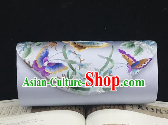 China Handmade Suzhou Embroidery Orchids Handbag Traditional National Light Blue Silk Clutch Bag Chain Bag