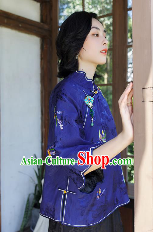 Chinese Women Upper Outer Garment Traditional Costume Embroidered Royalblue Shirt Tang Suit Silk Blouse