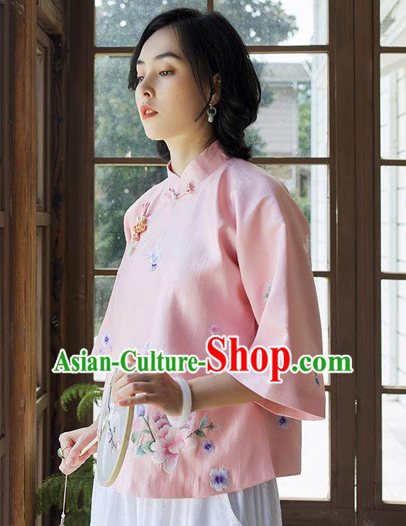 Chinese Traditional Embroidered Pink Shirt Tang Suit Blouse Women Upper Outer Garment Costume