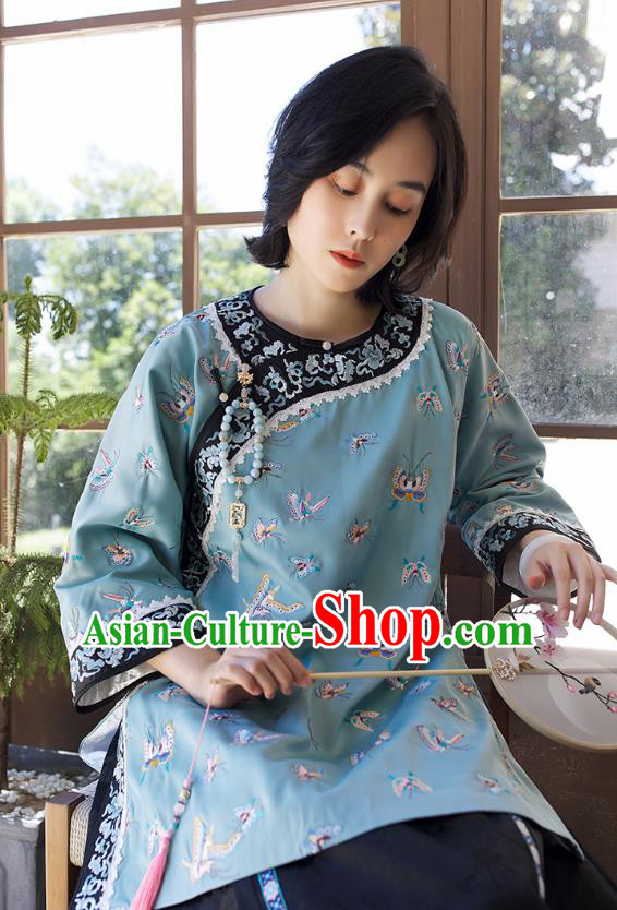 Chinese Traditional Qing Dynasty Women Upper Outer Garment Tang Suit Blouse Costume Embroidered Butterfly Blue Shirt