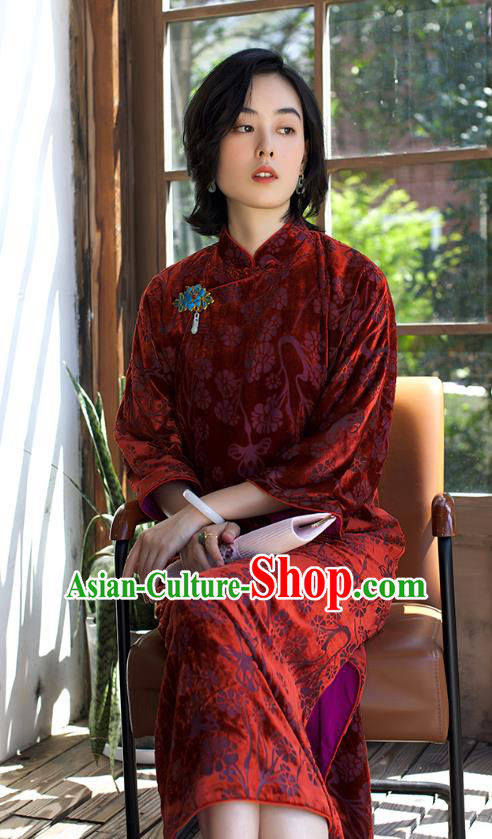 China Women Clothing Red Velvet Cheongsam Traditional Classical Long Qipao Dress