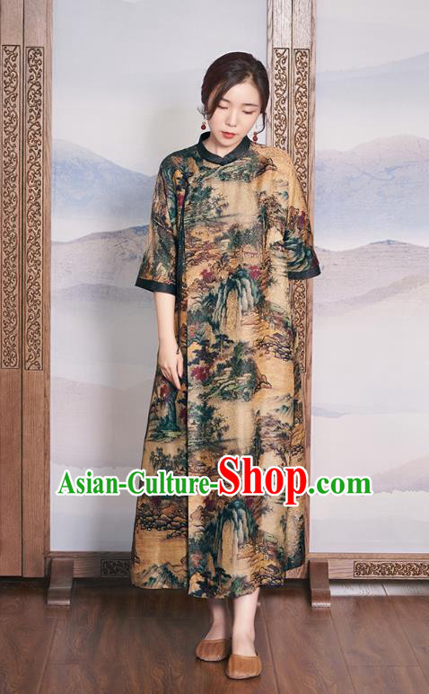 China Women Ginger Silk Cheongsam National Clothing Traditional Classical Printing Qipao Dress