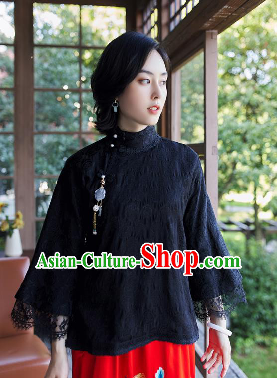 Chinese Tang Suit Upper Outer Garment Traditional Black Lace Blouse Costume Jacquard Shirt