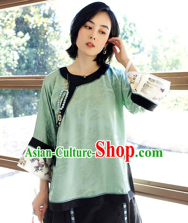 Chinese Traditional Qing Dynasty Costume Tang Suit Shirt Upper Outer Garment Embroidered Green Silk Blouse