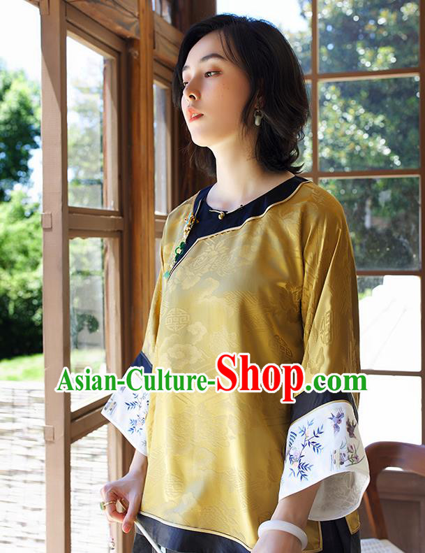 Chinese Tang Suit Shirt Upper Outer Garment Embroidered Yellow Silk Blouse Traditional Qing Dynasty Costume