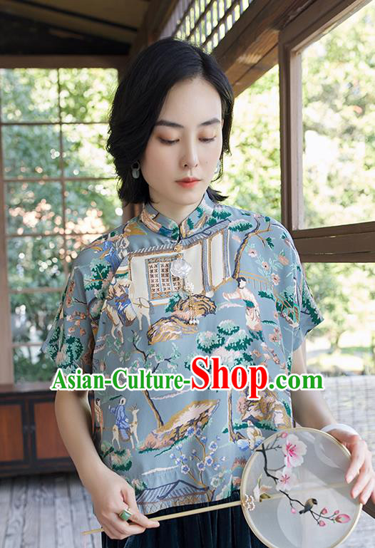 Chinese Tang Suit Upper Outer Garment Traditional Costume Printing Blue Blouse