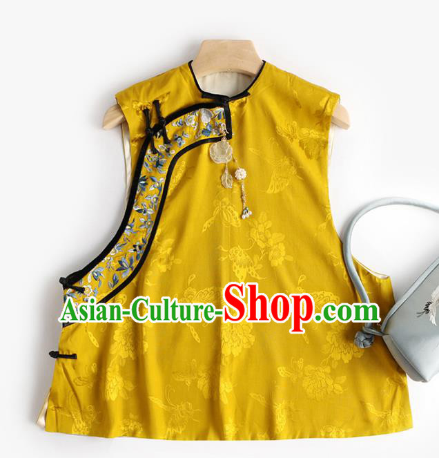 Chinese Traditional Waistcoat Costume Tang Suit Upper Outer Garment Qing Dynasty Yellow Vest