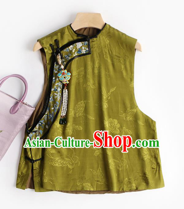 Chinese Traditional Waistcoat Costume Qing Dynasty Olive Green Vest Tang Suit Upper Outer Garment