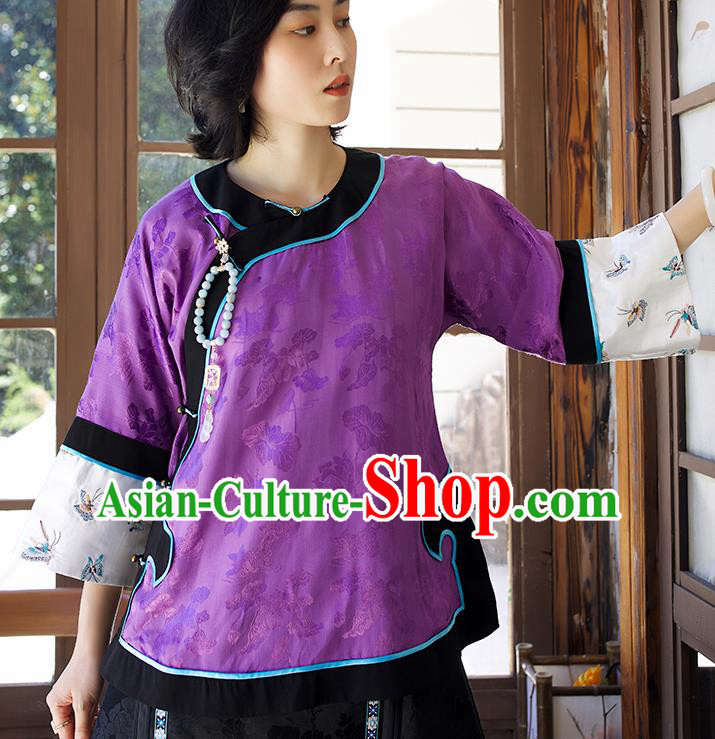 Chinese Traditional Embroidered Costume Tang Suit Blouse Upper Outer Garment Qing Dynasty Classical Purple Silk Shirt