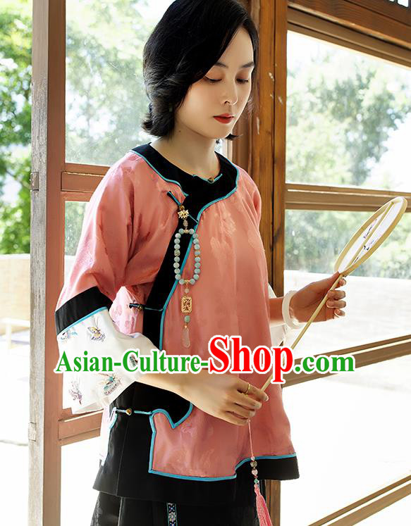 Chinese Traditional Tang Suit Blouse Upper Outer Garment Qing Dynasty Classical Pink Silk Shirt Embroidered Costume