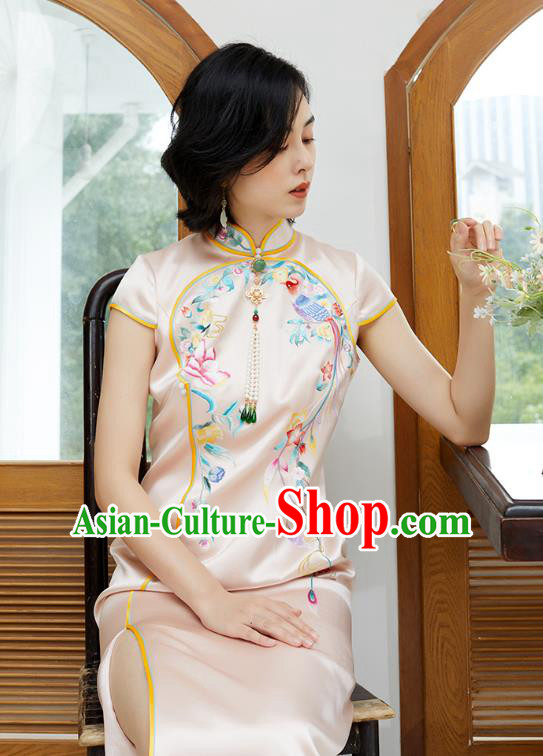 China National Women Clothing Traditional Classical Qipao Dress Embroidered Phoenix Pink Silk Cheongsam