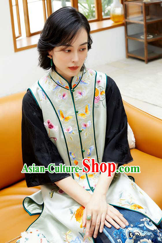 Chinese Traditional Tang Suit Light Green Long Vest Qing Dynasty Classical Embroidered Silk Waistcoat Costume