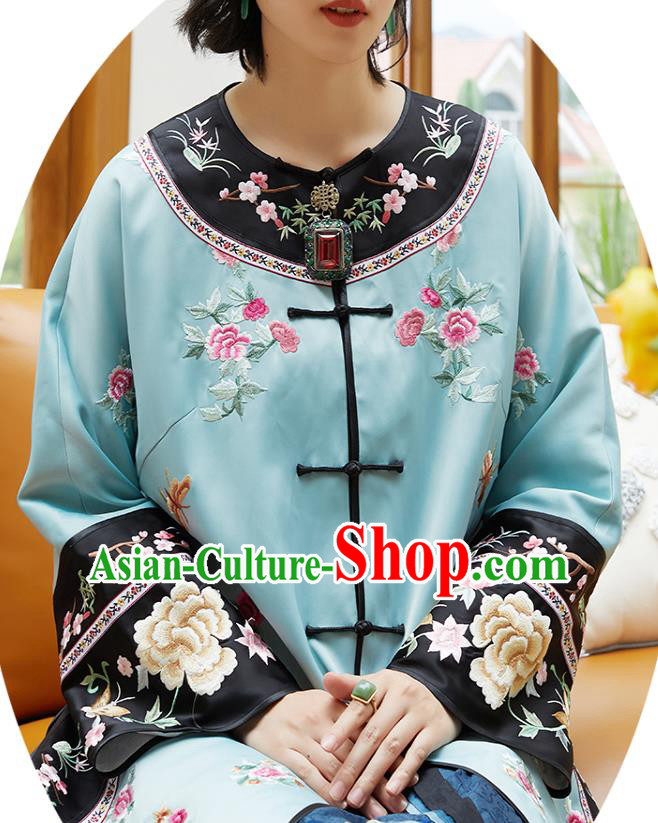 Chinese Classical Embroidered Blue Silk Blouse Tang Suit Costume Traditional Qing Dynasty Women Shirt